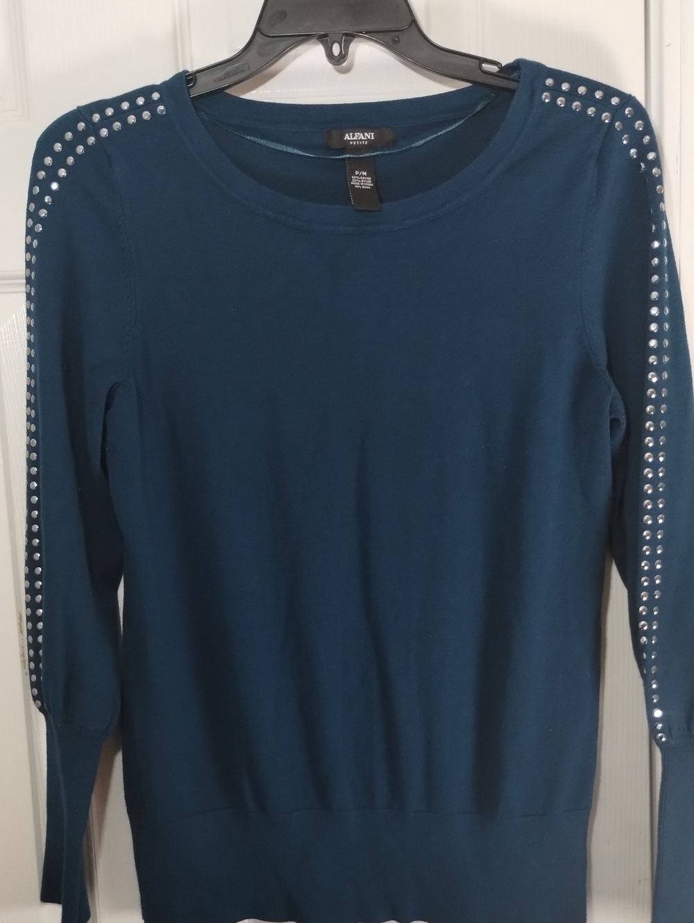 Alfani Petite Teal Studded Sleeve Lightweight Sweater